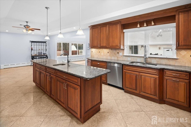 kitchen with a baseboard heating unit, a sink, dishwasher, brown cabinetry, and pendant lighting