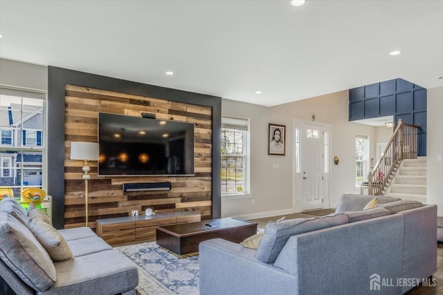 58 Begonia Ln, Monroe, NJ 08831 - living area with baseboards, stairs, plenty of natural light, and recessed lighting