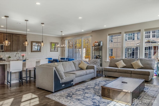 58 Begonia Ln, Monroe, NJ 08831 - living area with a chandelier, dark wood-style flooring, and recessed lighting