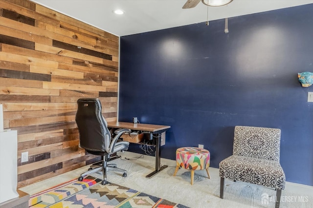 58 Begonia Ln, Monroe, NJ 08831 - home office featuring wooden walls, a ceiling fan, and recessed lighting