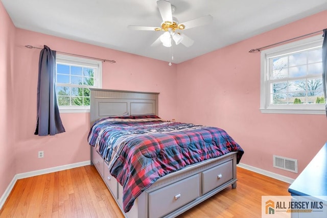 bedroom with baseboards, ceiling fan, light wood-type flooring, and visible vents
