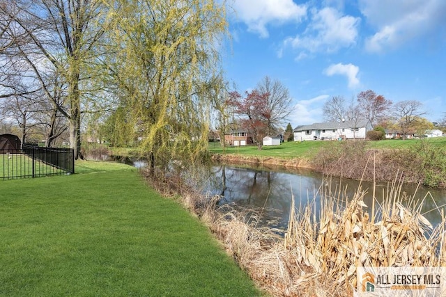 property view of water featuring fence