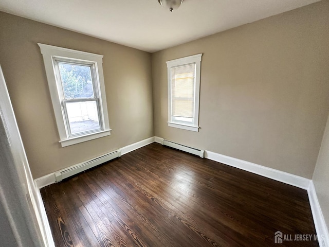 unfurnished room with dark wood-style flooring, baseboards, and baseboard heating