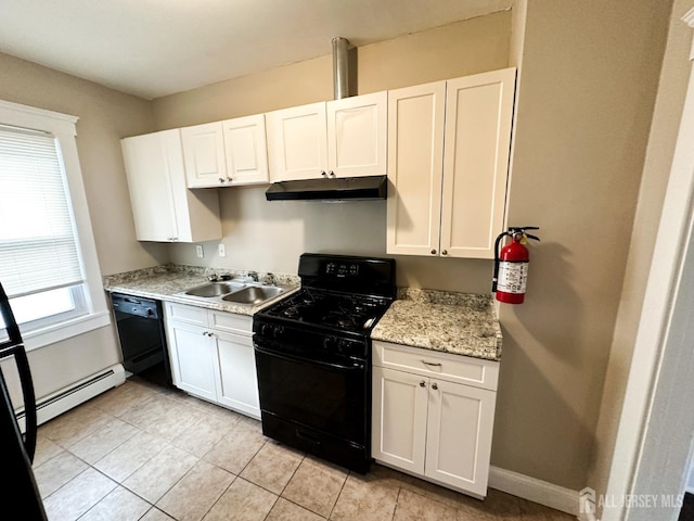 kitchen featuring a baseboard radiator, under cabinet range hood, a sink, white cabinets, and black appliances