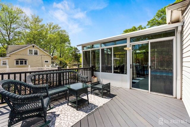 229 Greenbrook Rd, Green Brook, NJ 08812 - wooden deck featuring outdoor lounge area and a sunroom
