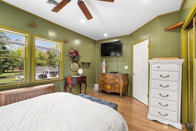 229 Greenbrook Rd, Green Brook, NJ 08812 - bedroom with radiator heating unit, wood finished floors, recessed lighting, a ceiling fan, and ornamental molding