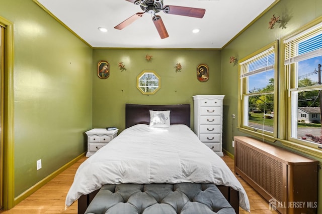 229 Greenbrook Rd, Green Brook, NJ 08812 - bedroom with radiator, light wood-style floors, recessed lighting, crown molding, and a ceiling fan