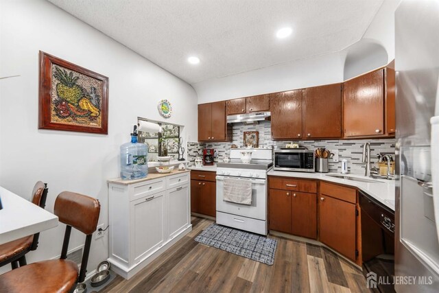 kitchen with appliances with stainless steel finishes, a sink, light countertops, under cabinet range hood, and backsplash