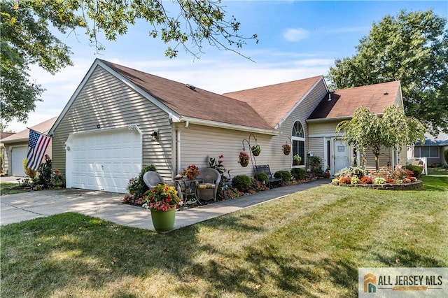 ranch-style house with a front lawn and a garage