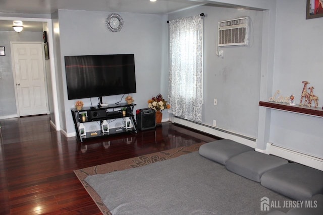 living room with a baseboard radiator, an AC wall unit, and dark hardwood / wood-style floors