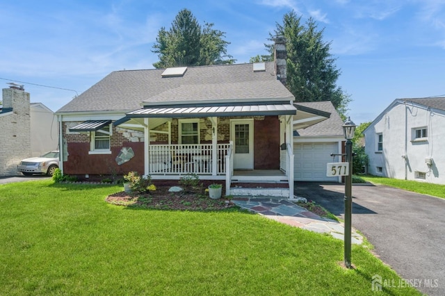 571 Greenbrook Rd, North Plainfield, NJ 07063 - bungalow featuring a porch, driveway, a front lawn, roof with shingles, and a chimney