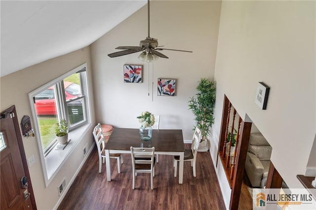 119 Brown Ave, Iselin, NJ 08830 - dining area featuring wood finished floors, ceiling fan, and high vaulted ceiling
