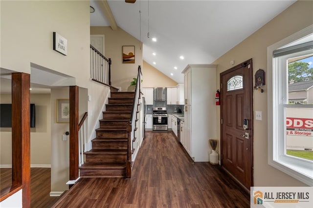 119 Brown Ave, Iselin, NJ 08830 - entryway featuring dark wood-type flooring, beamed ceiling, stairs, high vaulted ceiling, and recessed lighting