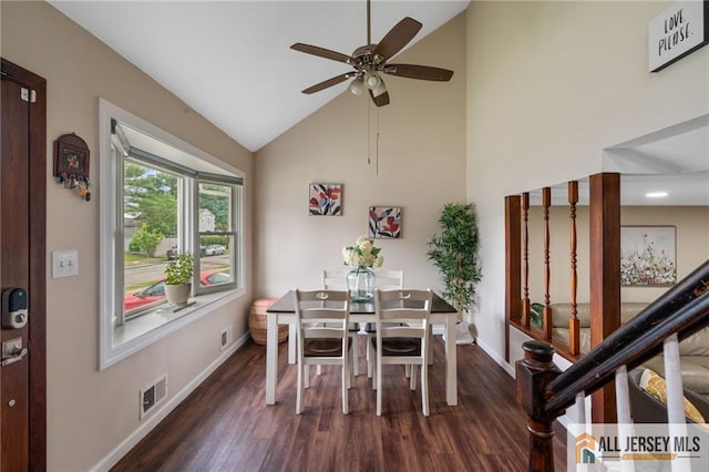 119 Brown Ave, Iselin, NJ 08830 - dining room featuring wood finished floors, a ceiling fan, and high vaulted ceiling