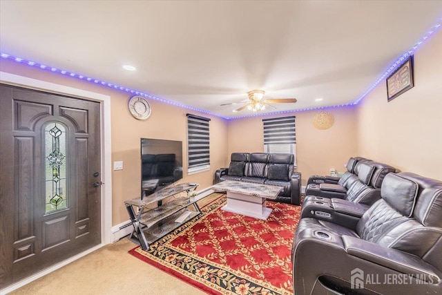 56 Frederick St, Carteret, NJ 07008 - living room featuring a ceiling fan, light colored carpet, a baseboard radiator, and recessed lighting