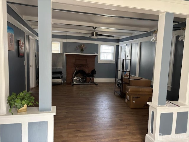 220 S Washington Ave, Dunellen, NJ 08812 - below grade area with wood finished floors, ceiling fan, and a brick fireplace