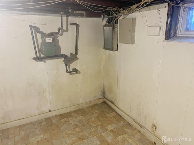 170 Rutgers St, New Brunswick, NJ 08901 - unfinished below grade area featuring electric panel, gas meter, and light stone finish floors