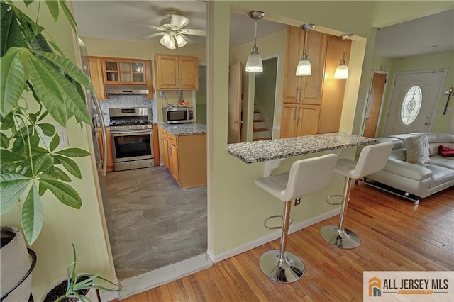 182 Columbia Ave, North Plainfield, NJ 07060 - kitchen with stainless steel appliances, under cabinet range hood, ceiling fan, light wood-style floors, and light stone counters