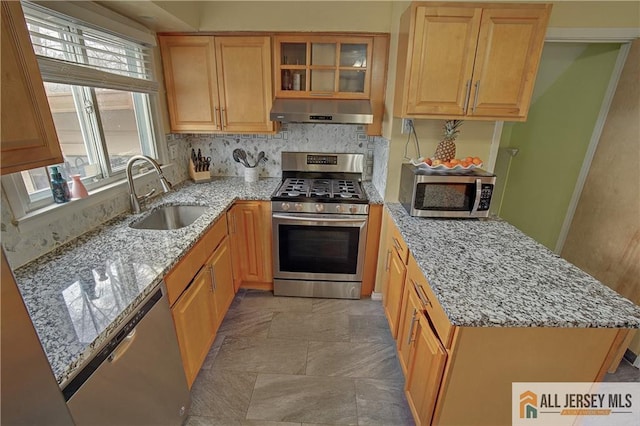 182 Columbia Ave, North Plainfield, NJ 07060 - kitchen featuring appliances with stainless steel finishes, under cabinet range hood, a sink, decorative backsplash, and light stone counters