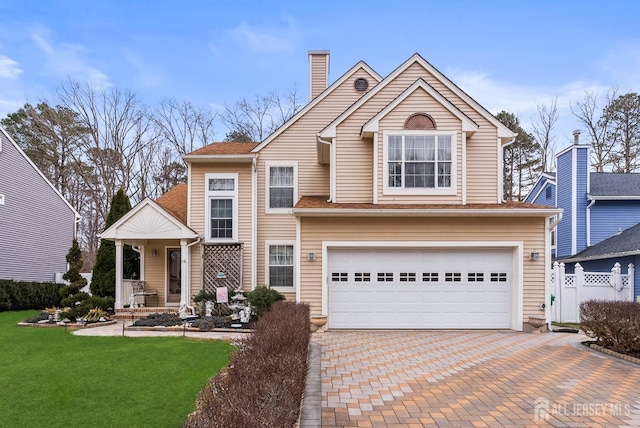 front of property with a garage and a front lawn