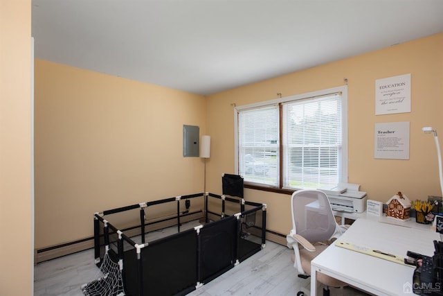 office featuring electric panel and light hardwood / wood-style flooring