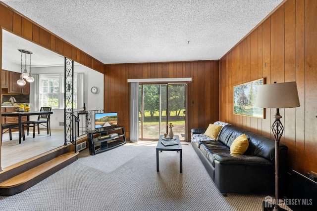 85 Hidden Lake Dr, North Brunswick, NJ 08902 - carpeted living room featuring plenty of natural light, wood walls, a chandelier, and a textured ceiling
