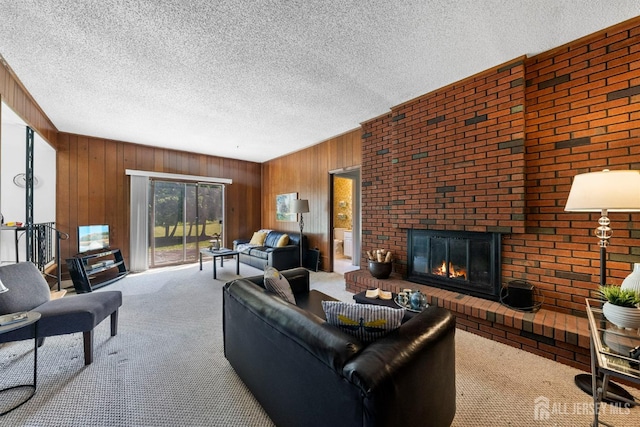 85 Hidden Lake Dr, North Brunswick, NJ 08902 - carpeted living area featuring a brick fireplace, wood walls, and a textured ceiling