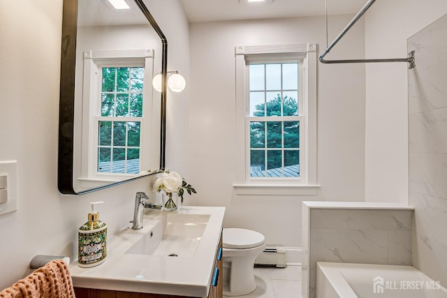 bathroom featuring a baseboard heating unit, vanity, toilet, a shower, and a tub