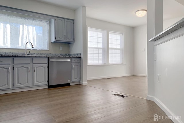 kitchen featuring stainless steel dishwasher, light wood-style flooring, visible vents, and a healthy amount of sunlight