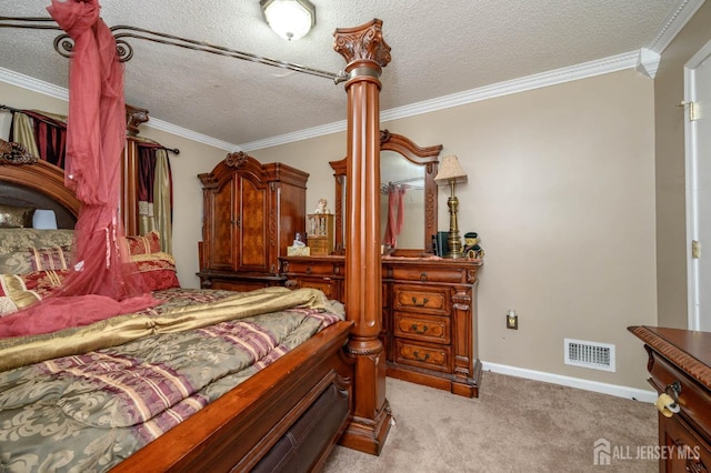 carpeted bedroom with crown molding and a textured ceiling