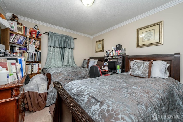 carpeted bedroom featuring ornamental molding and a textured ceiling