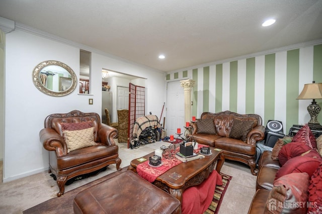 carpeted living room featuring crown molding and a textured ceiling