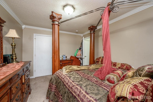 bedroom with light carpet, a textured ceiling, and ornamental molding