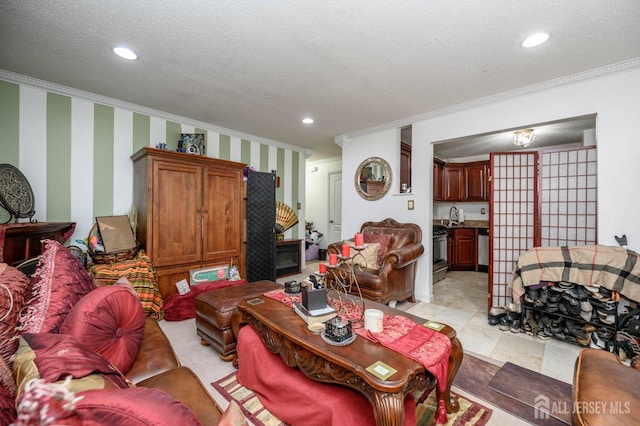 living room with crown molding and a textured ceiling