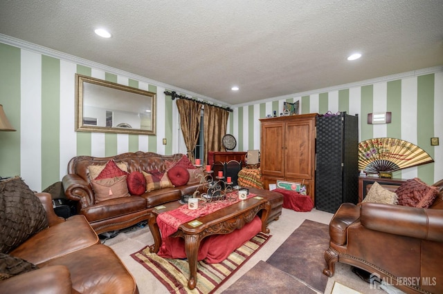 living room with ornamental molding, a textured ceiling, and light carpet