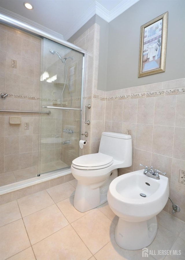 107 N Edward St, Sayreville, NJ 08872 - full bath featuring crown molding, a bidet, a stall shower, tile walls, and tile patterned floors