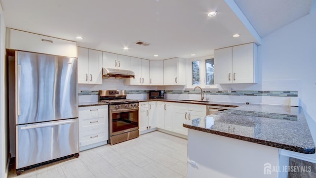 kitchen with stainless steel appliances, sink, white cabinets, and kitchen peninsula