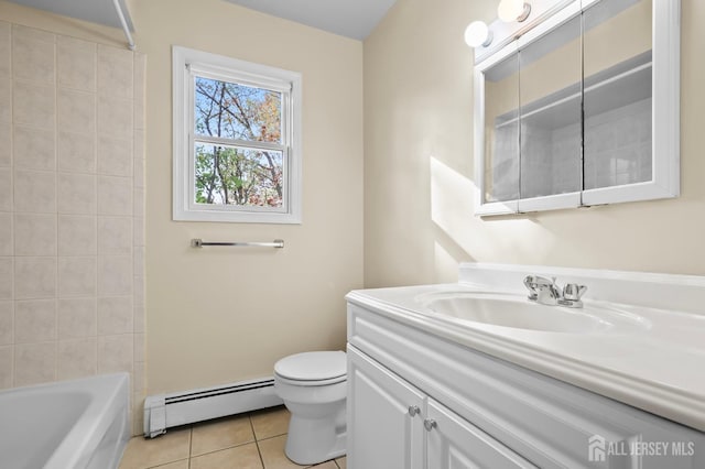 full bathroom with bathing tub / shower combination, a baseboard radiator, toilet, vanity, and tile patterned floors