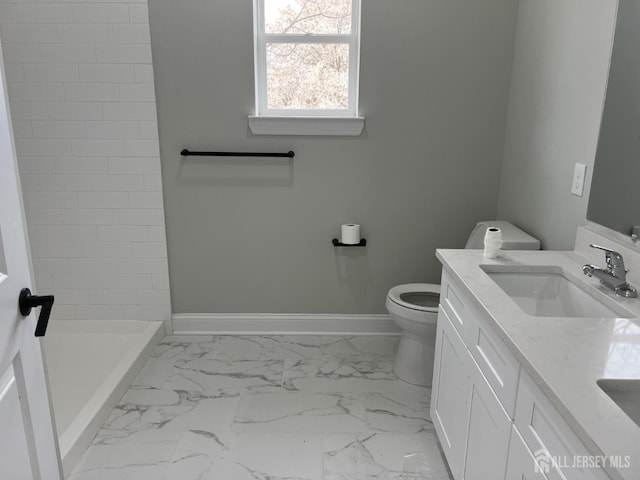 21 Catherine St, Carteret, NJ 07008 - bathroom featuring toilet, marble finish floor, a shower, and baseboards