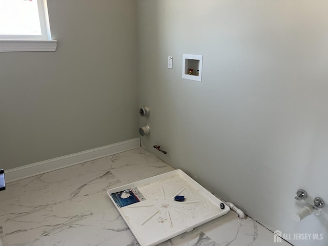 21 Catherine St, Carteret, NJ 07008 - clothes washing area with laundry area, marble finish floor, hookup for a washing machine, baseboards, and gas dryer hookup