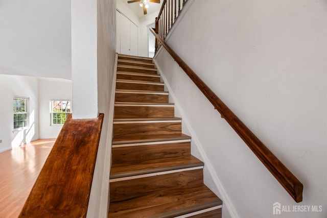 stairway with hardwood / wood-style floors and ceiling fan