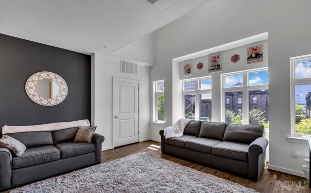 living room with dark wood-type flooring