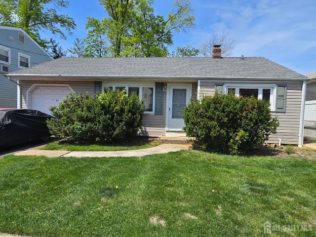 42 Hyde Ave, Iselin, NJ 08830 - ranch-style house featuring a chimney, a garage, a front yard, and a shingled roof
