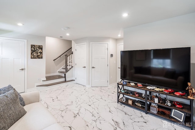 1915 Switzer Ave, Parlin, NJ 08859 - living area with stairway, recessed lighting, baseboards, and marble look tiles