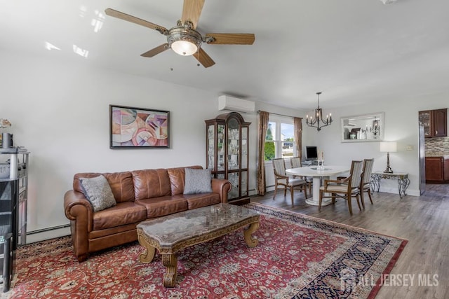 124 6th Ave, Middlesex, NJ 08846 - living area with a chandelier, ceiling fan, a wall mounted AC, wood finished floors, and baseboard heating