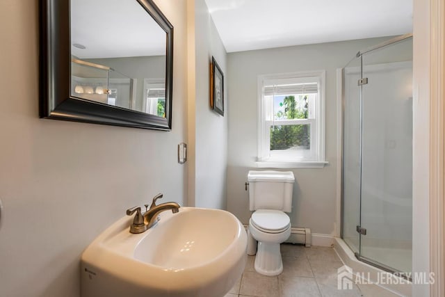 124 6th Ave, Middlesex, NJ 08846 - full bath featuring a baseboard heating unit, a shower stall, tile patterned flooring, and toilet