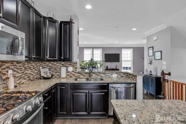 kitchen featuring a sink, dark cabinetry, appliances with stainless steel finishes, crown molding, and decorative backsplash