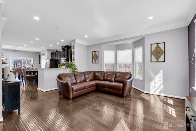 living area featuring dark wood finished floors, plenty of natural light, and recessed lighting