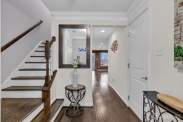 interior space with crown molding, baseboards, stairs, recessed lighting, and hardwood / wood-style flooring