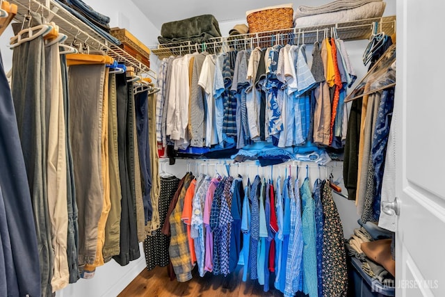 walk in closet with wood finished floors